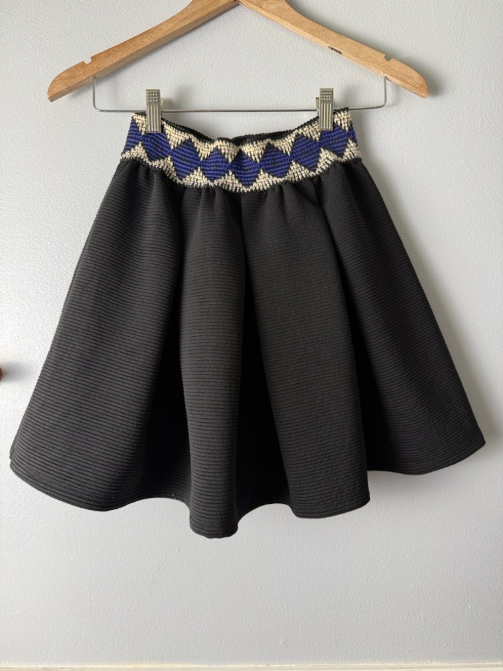 Anthropologie Birdcage Black Mini Skirt with Blue and Cream Zigzag Waistband